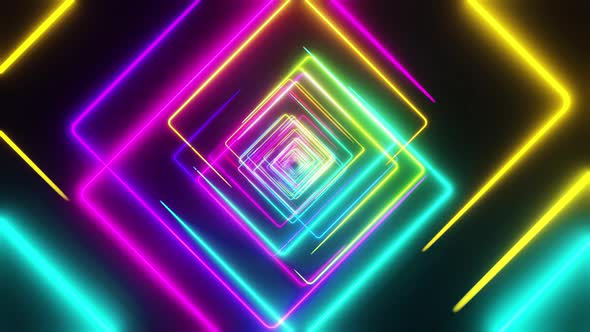 Flying through quadrilaterals painted with multicolored light. Infinitely looped animation.