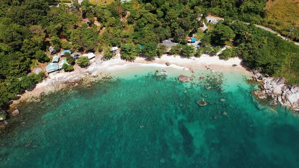 Aerial View Top View Drone Move Beautiful Tropical Beach with White Sand and Rocks