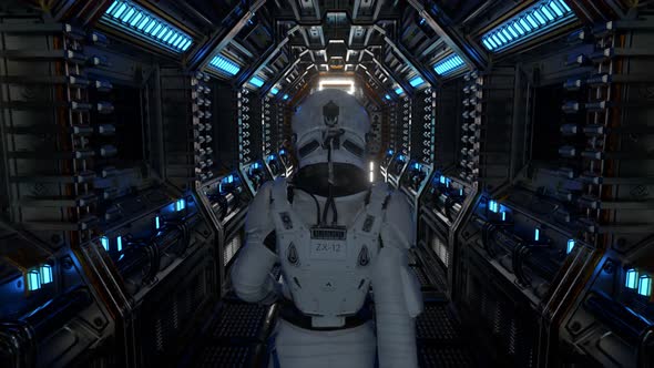 Astronaut Walking in Spaceship Tunnel Scifi Shuttle Corridor