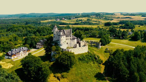 Morning aerial view on the medieval royal castle Bobolice. Poland. High quality 4k footage