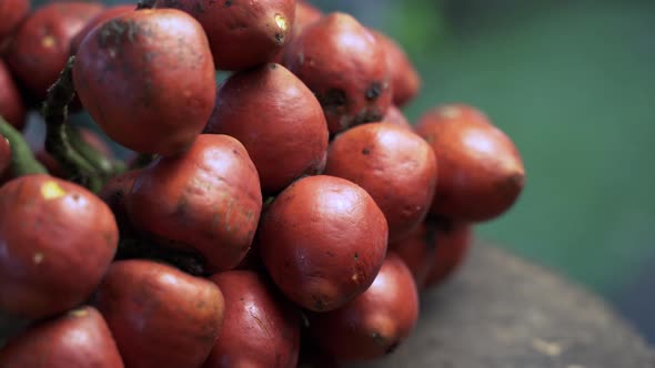 Slow pan close up of red colored Chontaduro harvested in Amazon Rainforest,4K -  Prores high quality