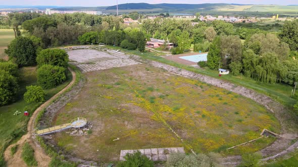 Aerial view of a swimming pool in the town of Tornala in Slovakia