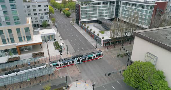 Historic aerial footage of streets, near Oregon Convention Center, empty due to the COVID-19 pandemi