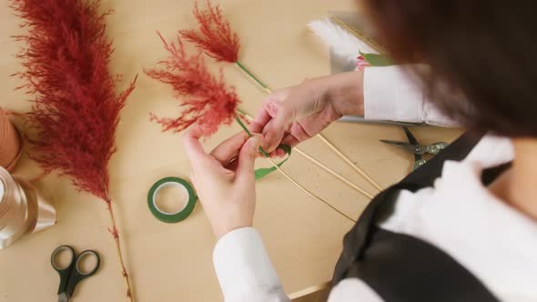 Young Florist Tying Pink Dried Flowers with Ribbon Preparing Details for Making Bouquet at Workplace