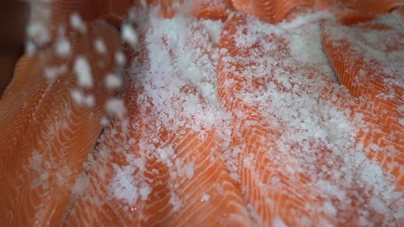 Rotating closeup slow motion coarse rock salt is hitting stacked up salmon fillets inside steel cont