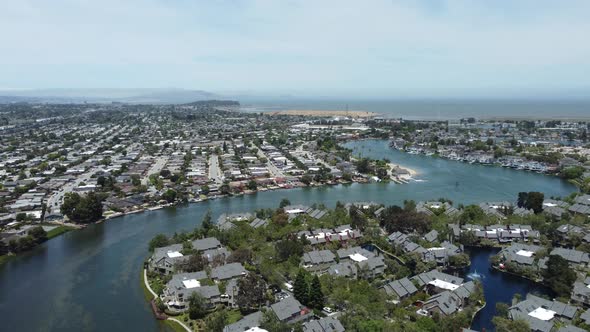 Aerial Shot Of Residential Properties Landscape On Riverside Villas, San Mateo, California