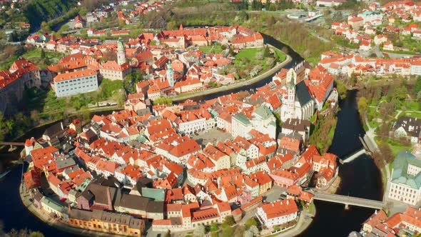 Fly Over Old Town of Cesky Krumlov and River Vltava in the South Bohemian Region Czech Republic