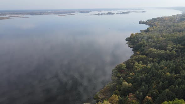 Beautiful Aerial View of the River Dnipro. Ukraine, Slow Motion