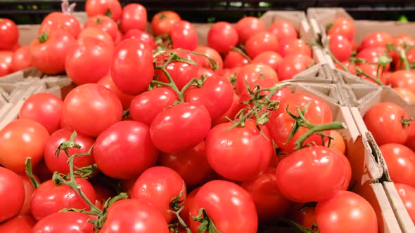 Beautiful red tomatoes in the supermarket are on sale, natural products,