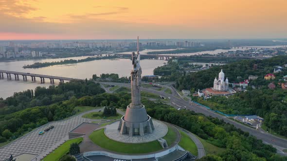 Drone Footage Aerial View of the Motherland Monument in Kiev Kyiv, Ukraine