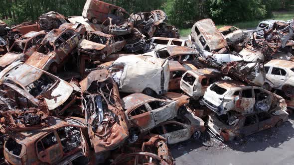 Irpin Bucha District Ukraine a Dump of Shot and Burned Cars