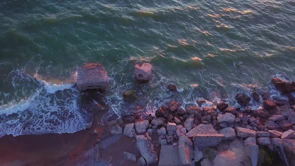 Aerial birdseye view of abandoned seaside fortification buildings at Karosta Northern Forts on the b