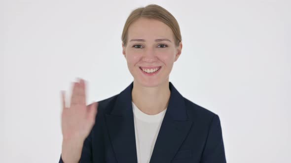 Young Businesswoman Waving Welcoming on White Background