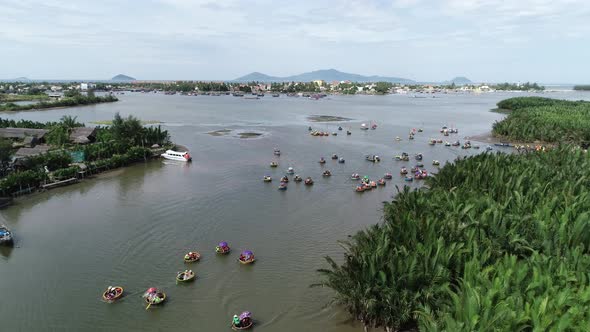 Aerial view of Bay Mau Coconut Forest in Hoi An, travel with the basket boat