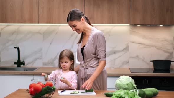 Happy Mother and Daughter Cooking Vegetable Salad at Kitchen