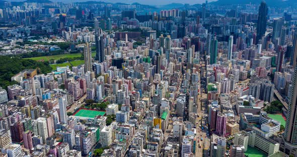 Drone fly over Hong Kong city