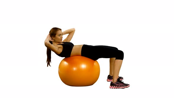 Girl with Fitness Ball, Shakes Press, Gym. White Background