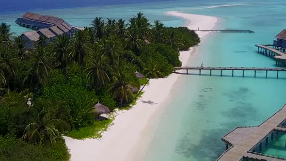 Aerial drone seascape of marine lagoon beach time by blue water and sand background