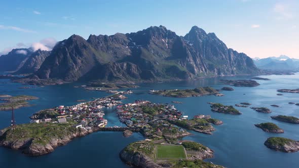 Flight above sea and view on the Henningsvaer fishing village Lofoten Islands,Norway