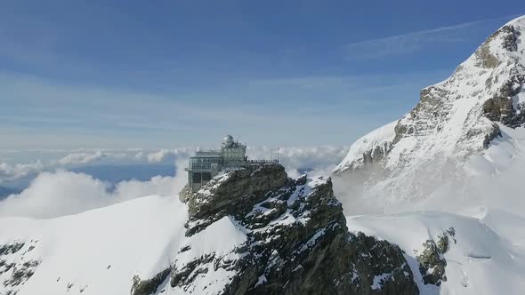 Aerial of Aletsch glacier and Jungfraujoch summit station, Switzerland