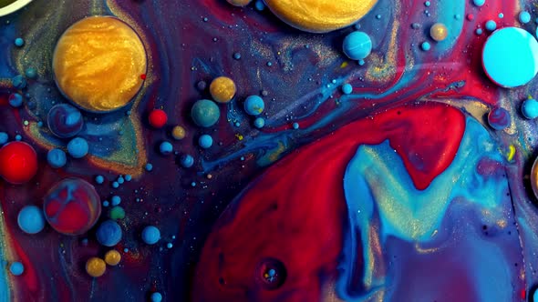 Multicolored Bubbles Of Bright Collors Moving In Paint Oil Surface Beautiful Blue Universe Of Color