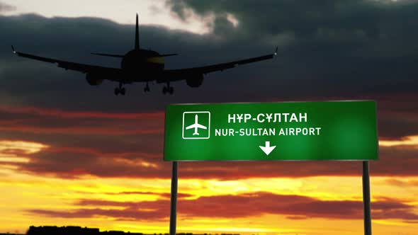 Plane landing in Nur-Sultan Kazakhstan airport