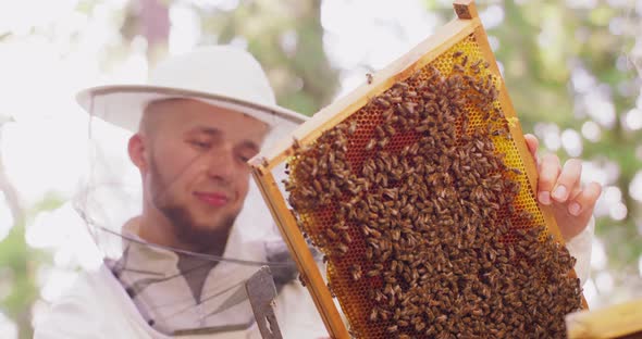 Face of Young Male Bearded Beekeeper in White Protective Suit Smiling Slightly Out of Focus He