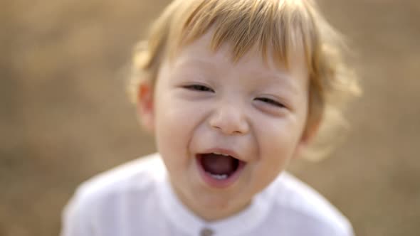 4K Portrait of Caucasian baby boy walking and playing on the beach in summer sunny day.