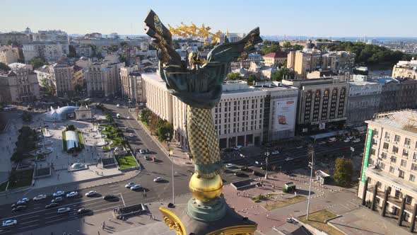 Monument in the Center of Kyiv, Ukraine. Maidan. Aerial View