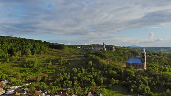 A Village in the Carpathian Mountains in Summer Day on Orthodox Church Amazing Landscape View in