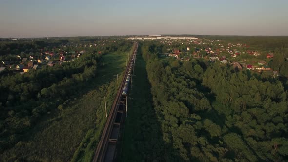 Train Running in the Village, Aerial View
