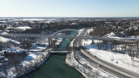 Aerial of Burgoyne Bridge in St. Catharines, Ontario Blue Skies sunny winter day