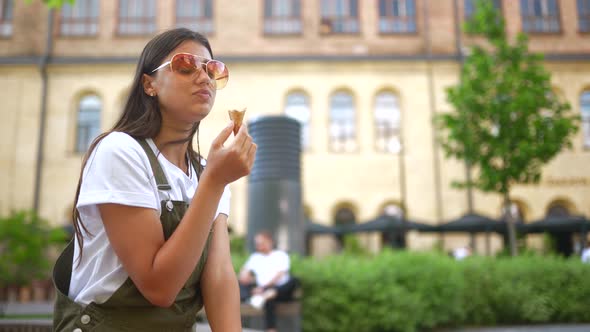 Beauty Young Happy Woman in Park Eating Ice Cream Enjoying Life Summer Holidays