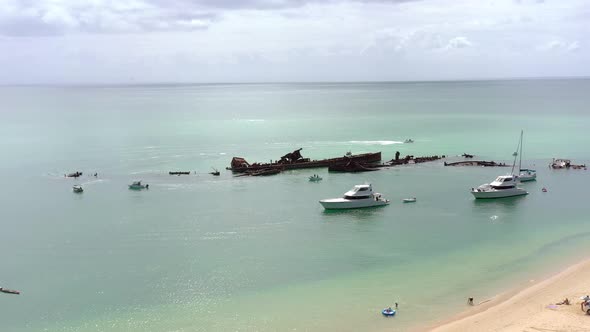 Rising Aerial View of Tangalooma Shipwrecks in Brisbane Australia in the Summer