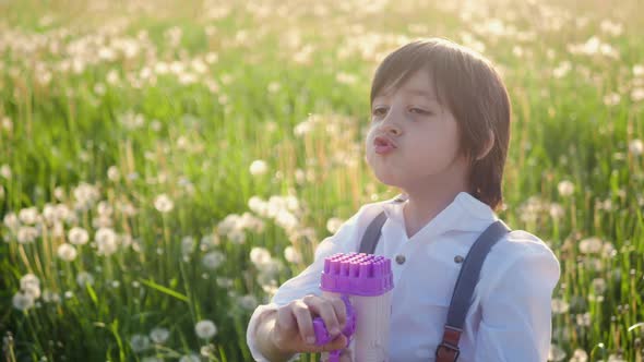 Portrait of a Five Year Old Boy in a Hat Stands on a Field of Dandelions and Shoots Soap Bubbles