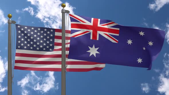 Usa Flag Vs Australia Flag On Flagpole