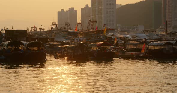 Hong Kong harbor port in aberdeen at sunset time