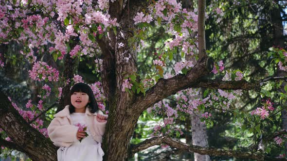 Korean Girl in a White Light Fur Coat and a Headband Sitting on a Tree Branch in a Garden with