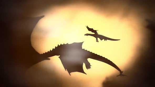 Silhouette Of A Herd Of Dragon Flying Against The Sun