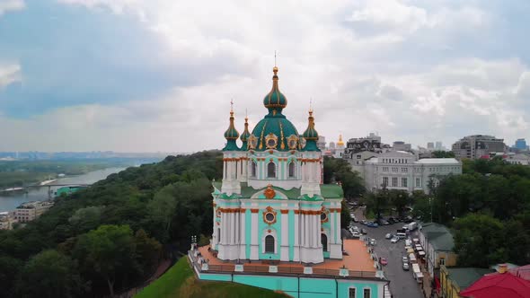 Aerial Top View of Saint Andrew's Church and Andreevska Street From Above in Kiev Ukraine.