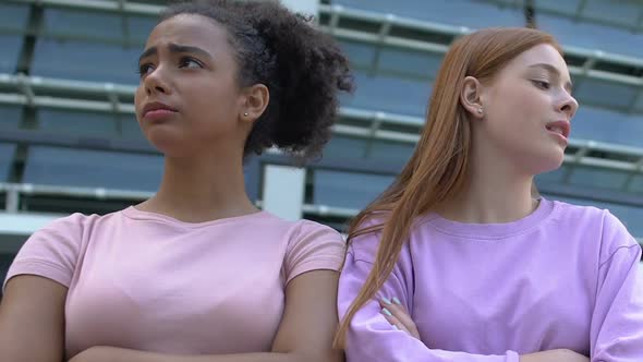 Sad Multiracial Female Teenagers With Folded Arms Offending Each Other, Problems