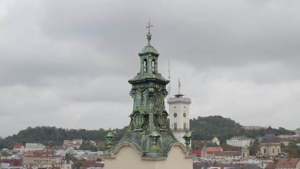 Aerial Drone Video Panorama of Latin Cathedral in City Lviv Ukraine Flight Above Roofs Streets