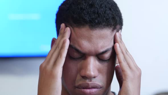 Headache, Upset Young Black Man Close Up