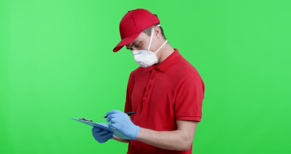 Postal Manager in Protective Mask Checking Documents