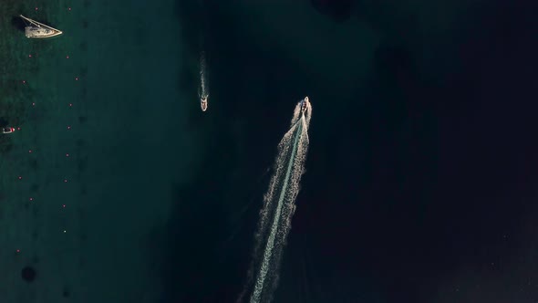 Aerial view of speed boat sailing at Adriatic sea, Croatia.