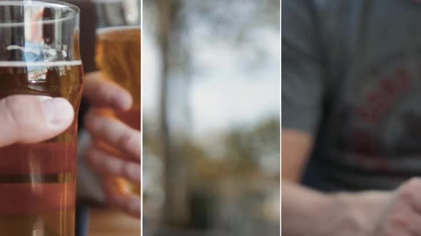 Celebration Beer Cheers Happy Concept Collage Multicam Multi Camera Close Up Hands Holding Up