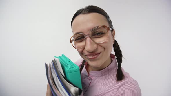 Funny Student Woman with Folders