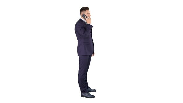 Businessman talking on the phone on white background.