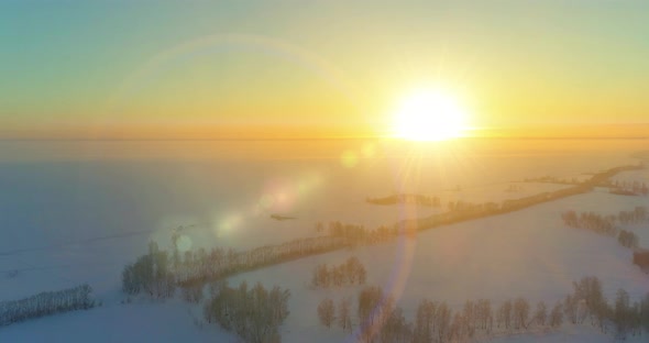 Aerial Drone View of Cold Winter Landscape with Arctic Field, Trees Covered with Frost Snow and