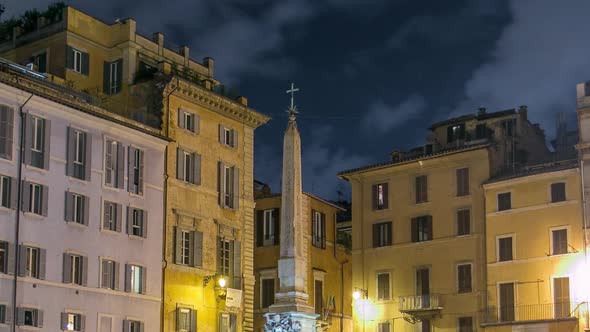 View of Rotonda Square and Fountain Timelapse Near Pantheon at Night Light